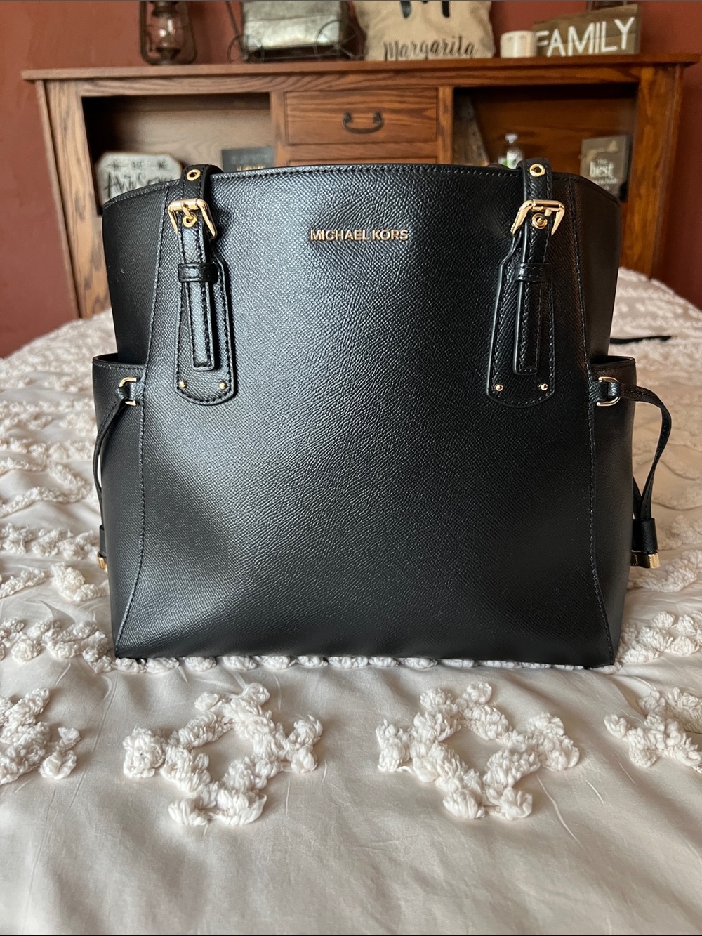 Michael Kors Black Saffiano Shoulder Tote with Gold Hardware